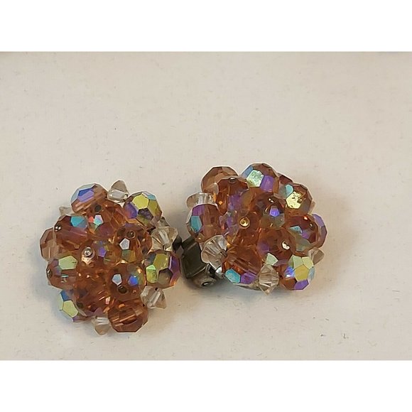 Vintage Laguna Aurora Borealis Crystal Bead Cluster Clip Earrings 50's-60's - Picture 7 of 7